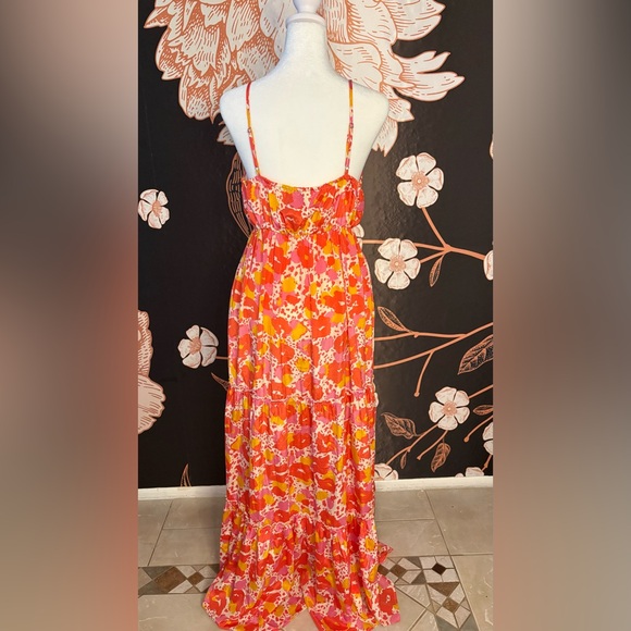 Papa Pia Vibrant Coral, Pink, & Yellow Floral Tiered Maxi Dress - Picture 4 of 5